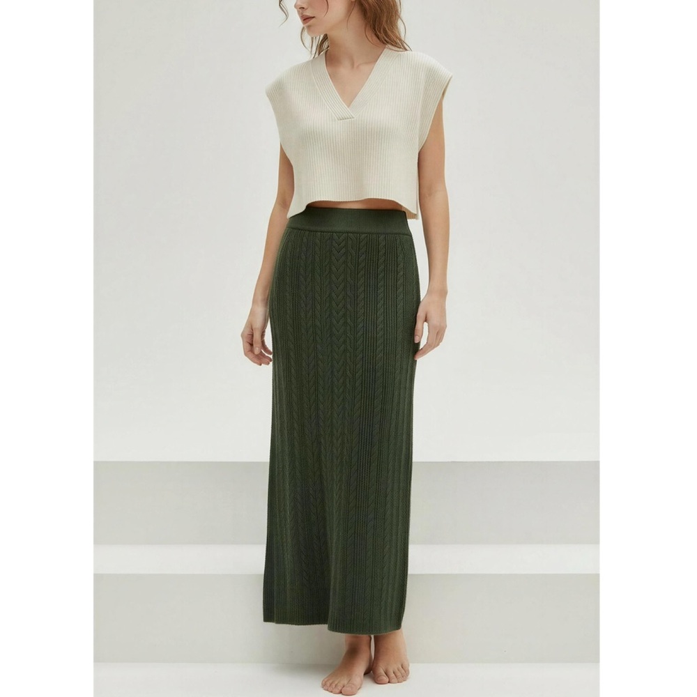 SÉZANE Marilou Merino Wool/Cotton Cable Knit Midi Skirt, Khaki, Large - Picture 5 of 13